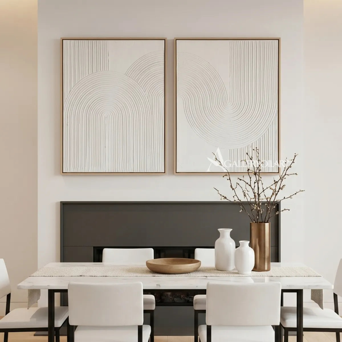 White raised arched pair diptych wall art in contemporary interior