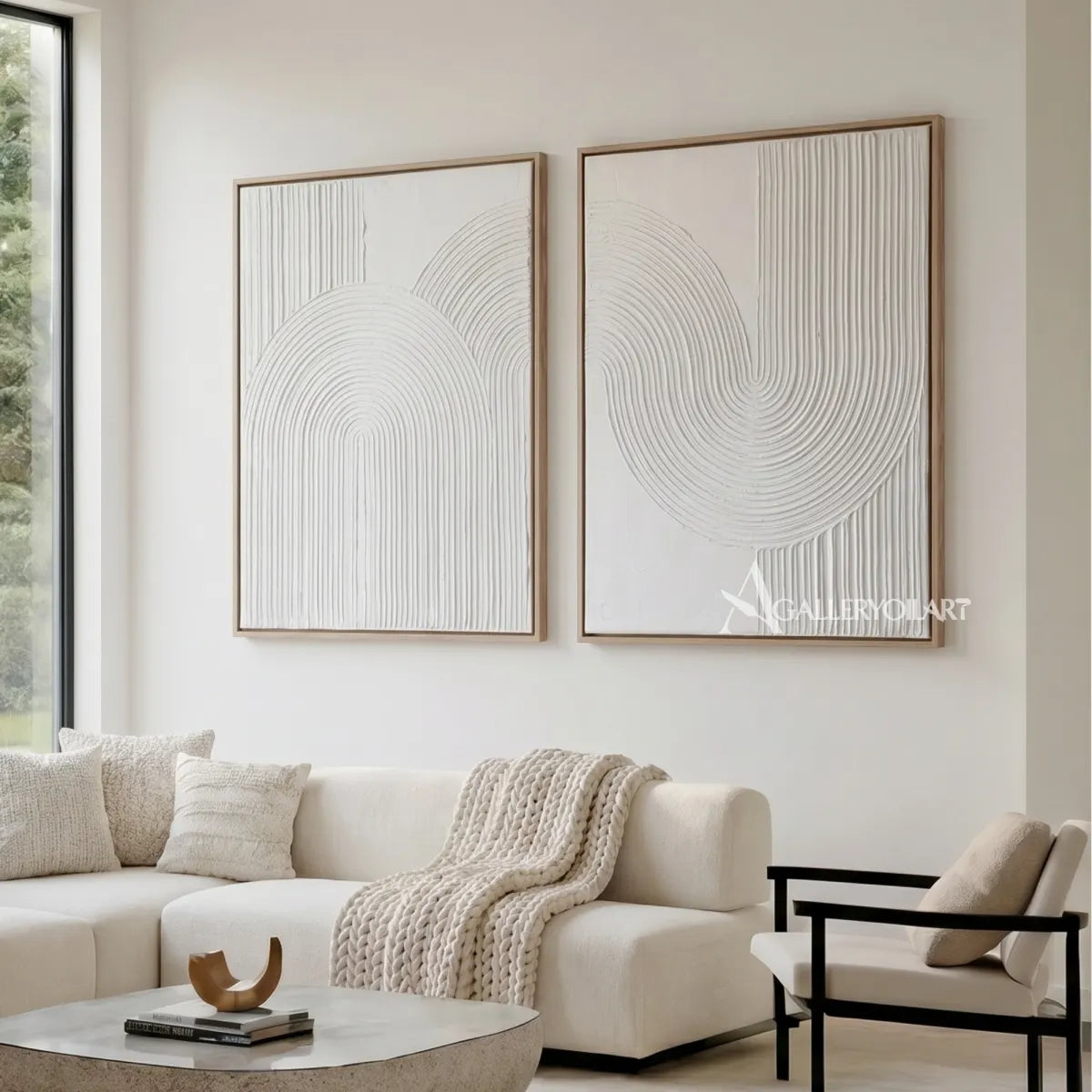 White raised arched pair diptych wall art in living room
