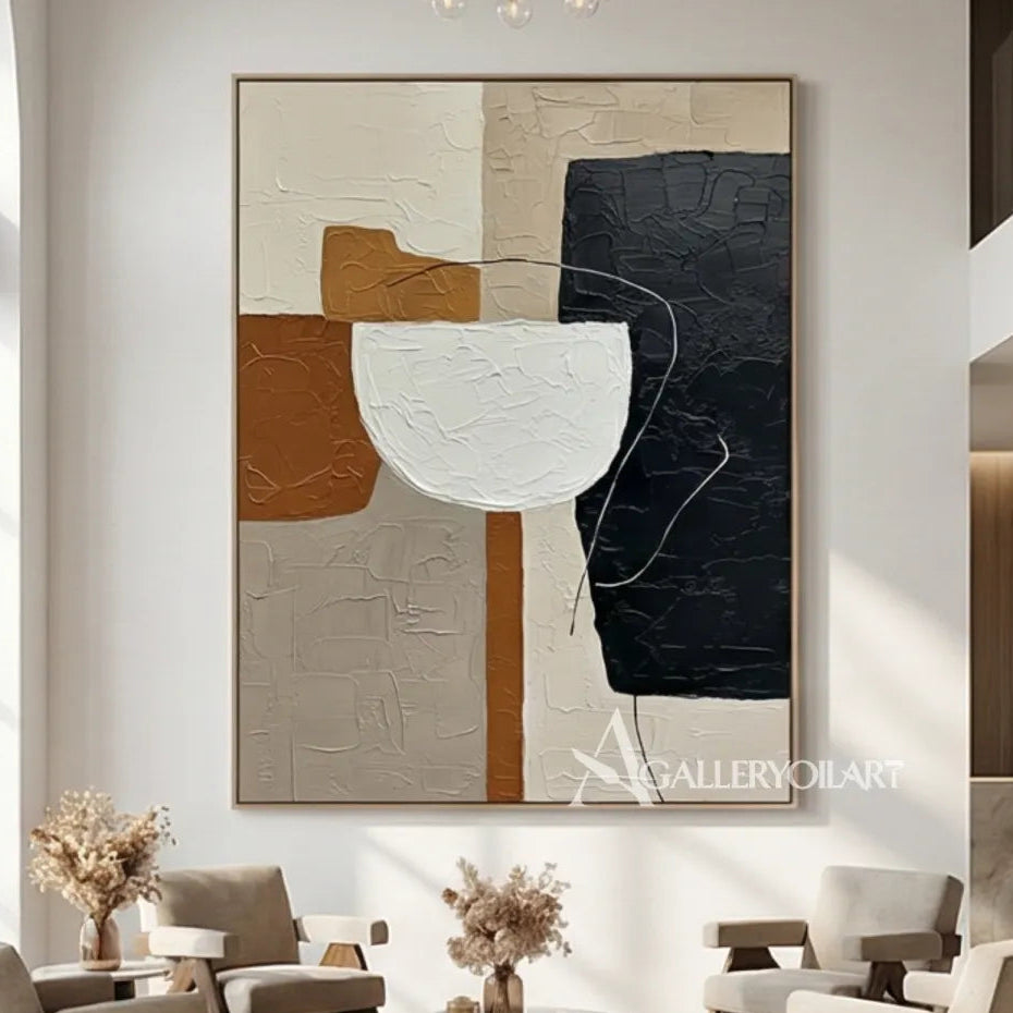 abstract-art-white-bowl-form-over-black-and-ochre-blocks-in-a-modern-room