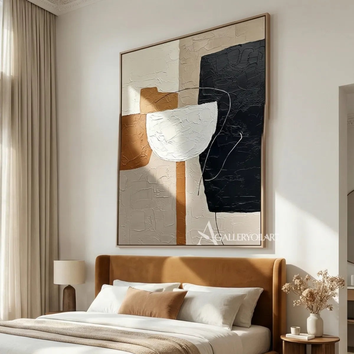 abstract-art-centered-white-vessel-with-ochre-and-black-planes-above-a-bed