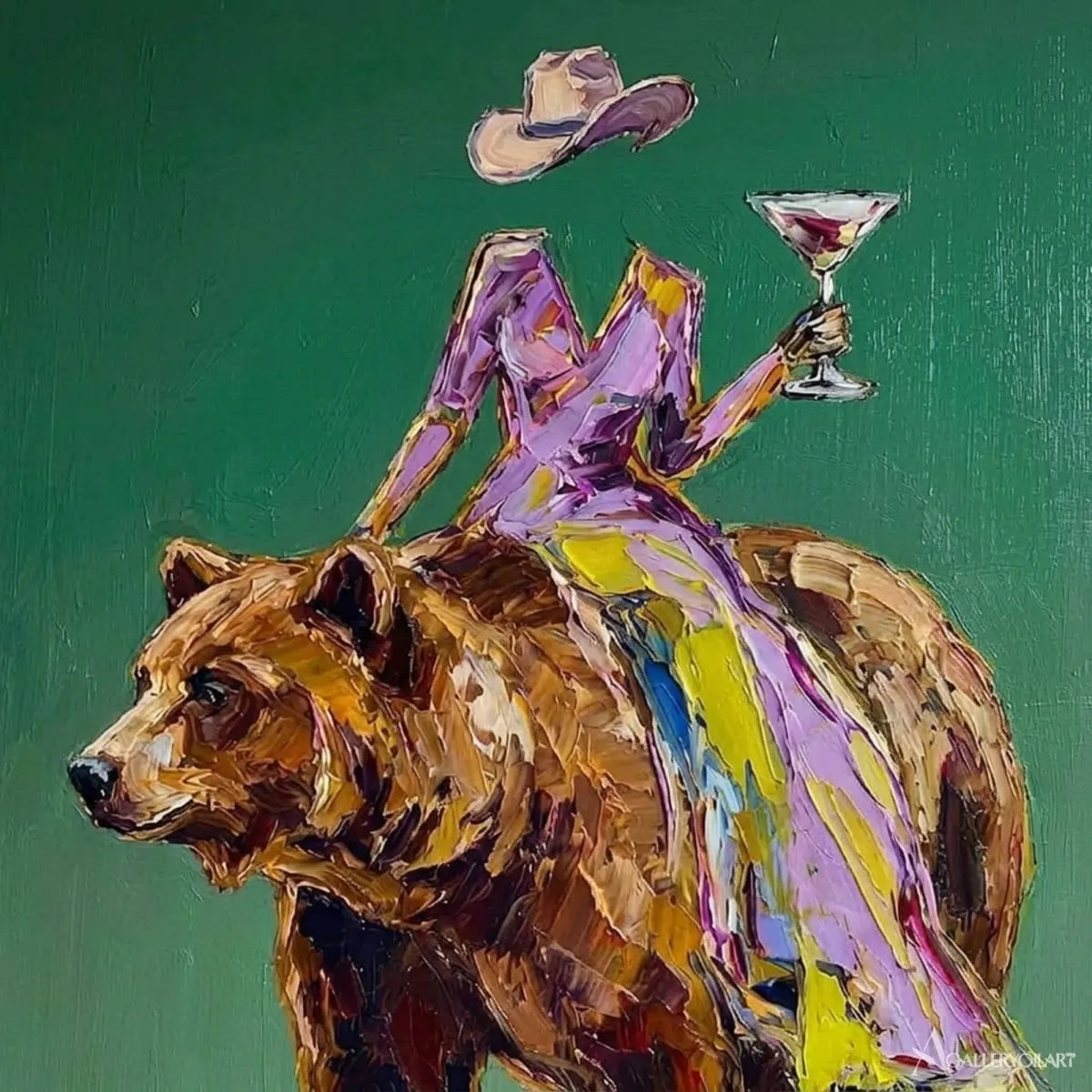 Animal-bear-carrying-stylish-rider-green-wall-art-in-detail-texture