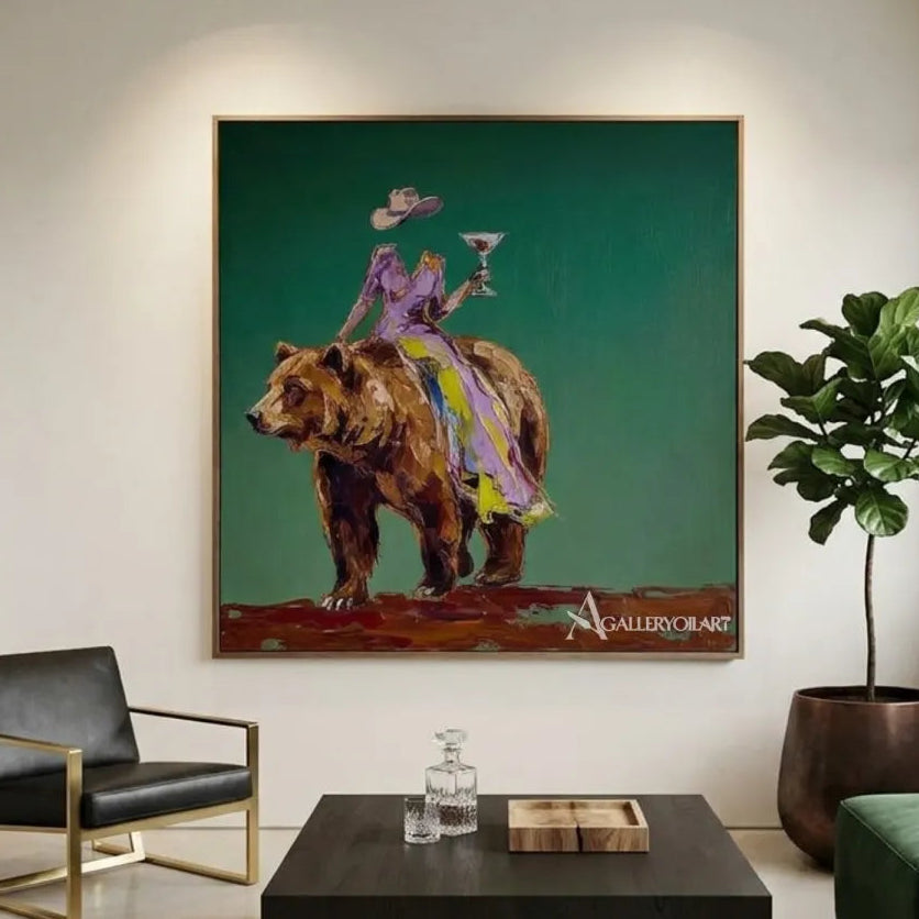 Animal-bear-carrying-stylish-rider-green-wall-art-in-minimalist-interior