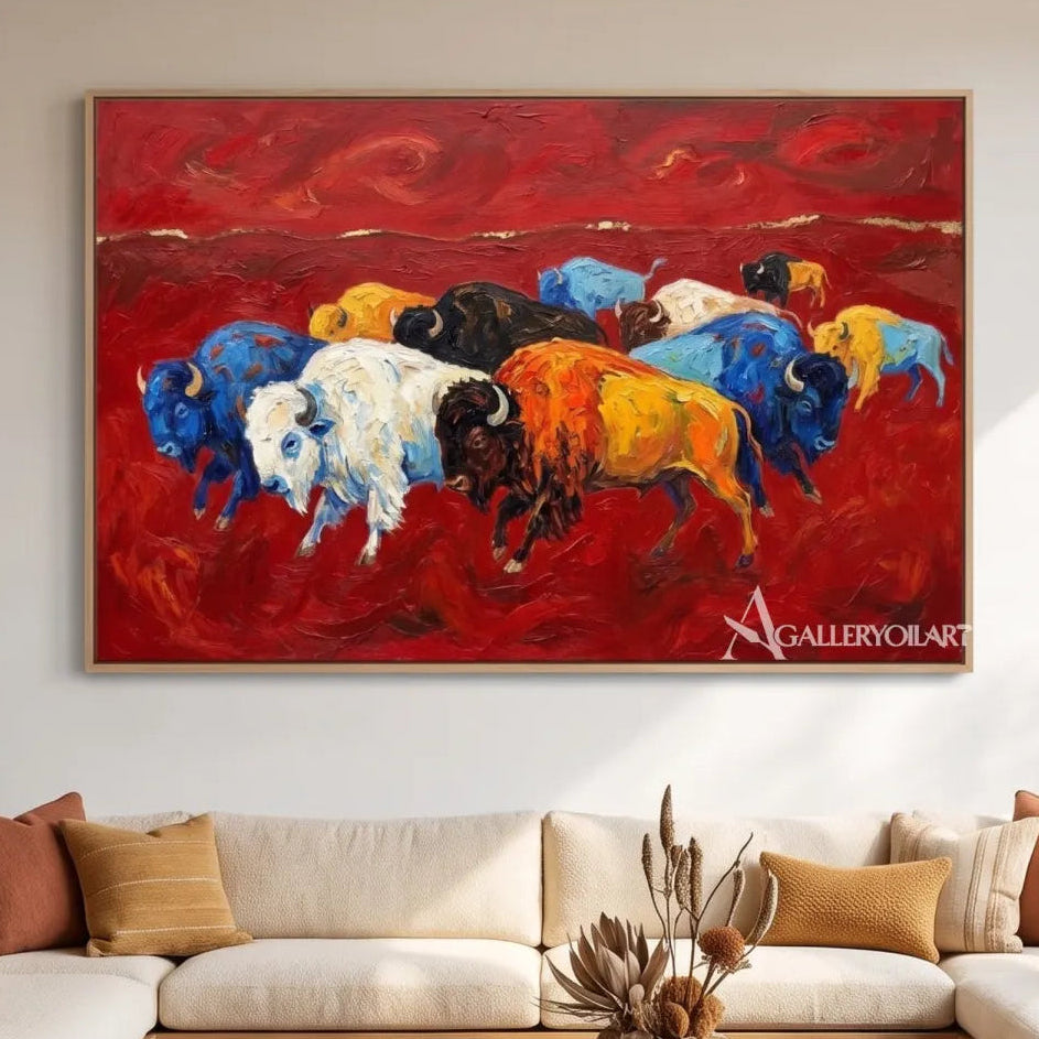 bison-motion-animal-art-red-wall-art-in-a-gathering-room