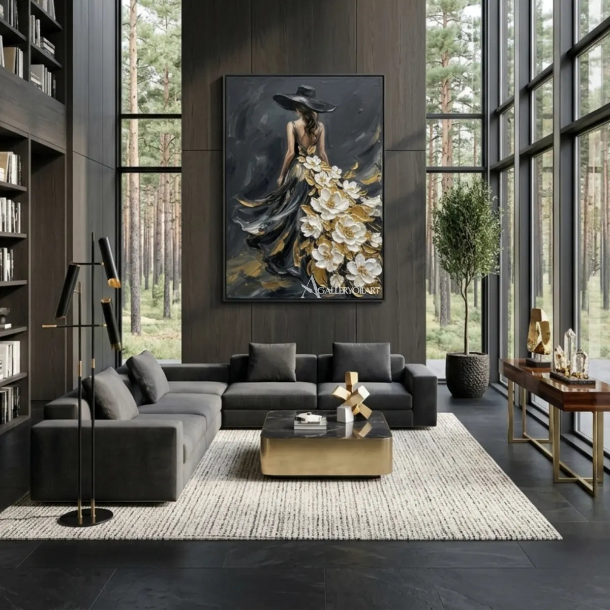 Woman-in-flowing-black-gown-with-white-floral-accents-portrait-art-in-a-double-height-room