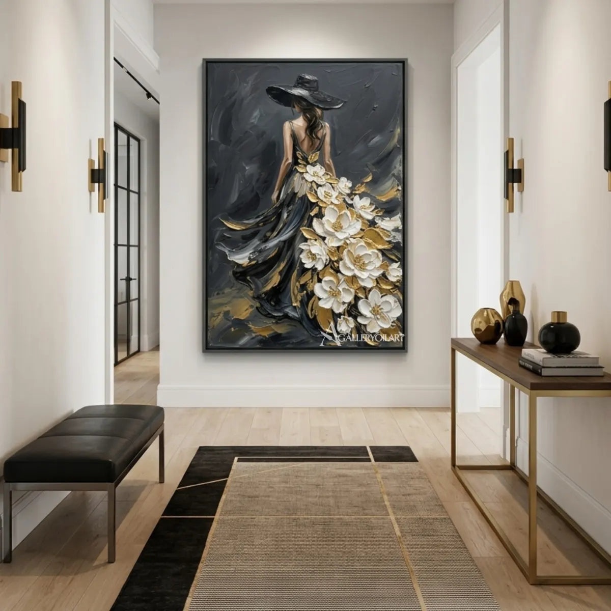 Woman-in-flowing-black-gown-with-white-floral-accents-portrait-art-in-a-modern-hallway