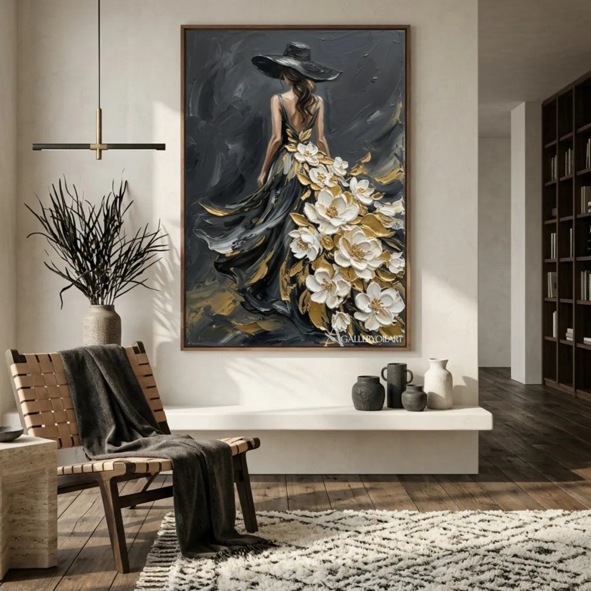 Woman-in-flowing-black-gown-with-white-floral-accents-portrait-art-displayed-in-a-private-lounge