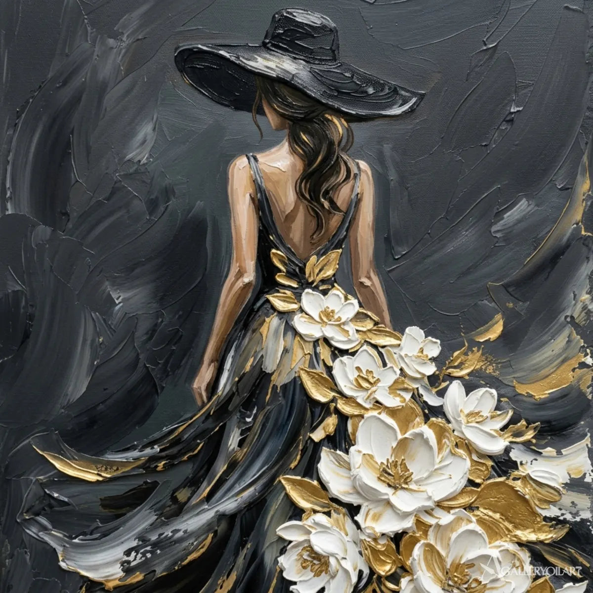 Close-up-of-black-gown-and-white-floral-brushwork-in-portrait-art-with-charcoal-and-cream