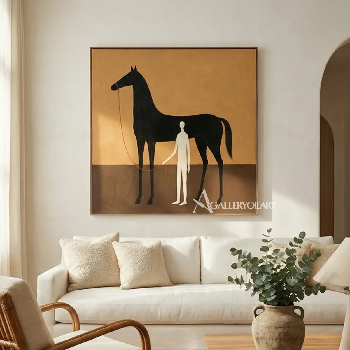a-black-horse-stands-beside-a-slender-white-figure-against-a-warm-ochre-field above a console