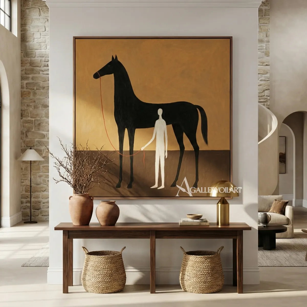 a-black-horse-stands-beside-a-slender-white-figure-against-a-warm-ochre-field above a fireplace