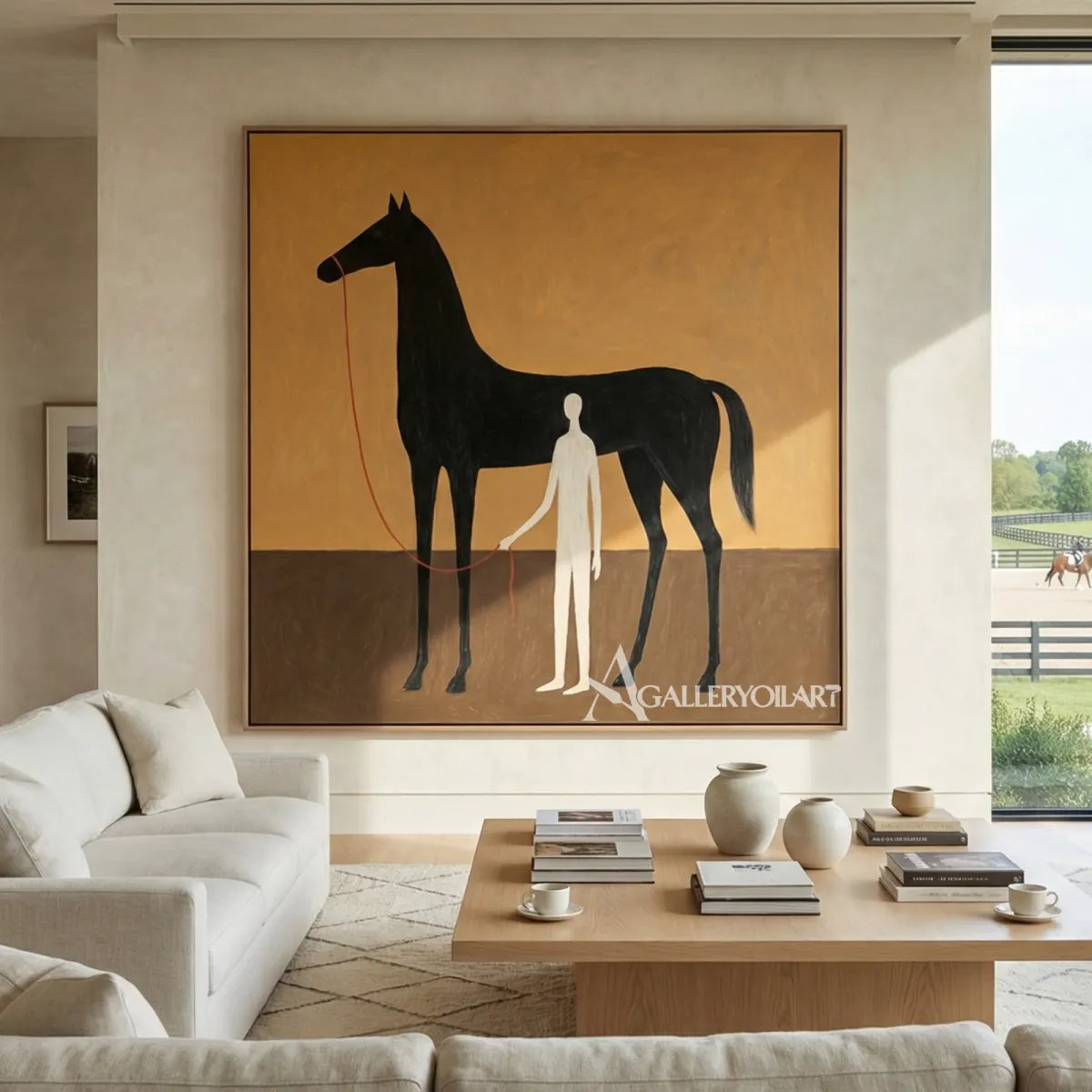 a-black-horse-stands-beside-a-slender-white-figure-against-a-warm-ochre-field above a living room sofa