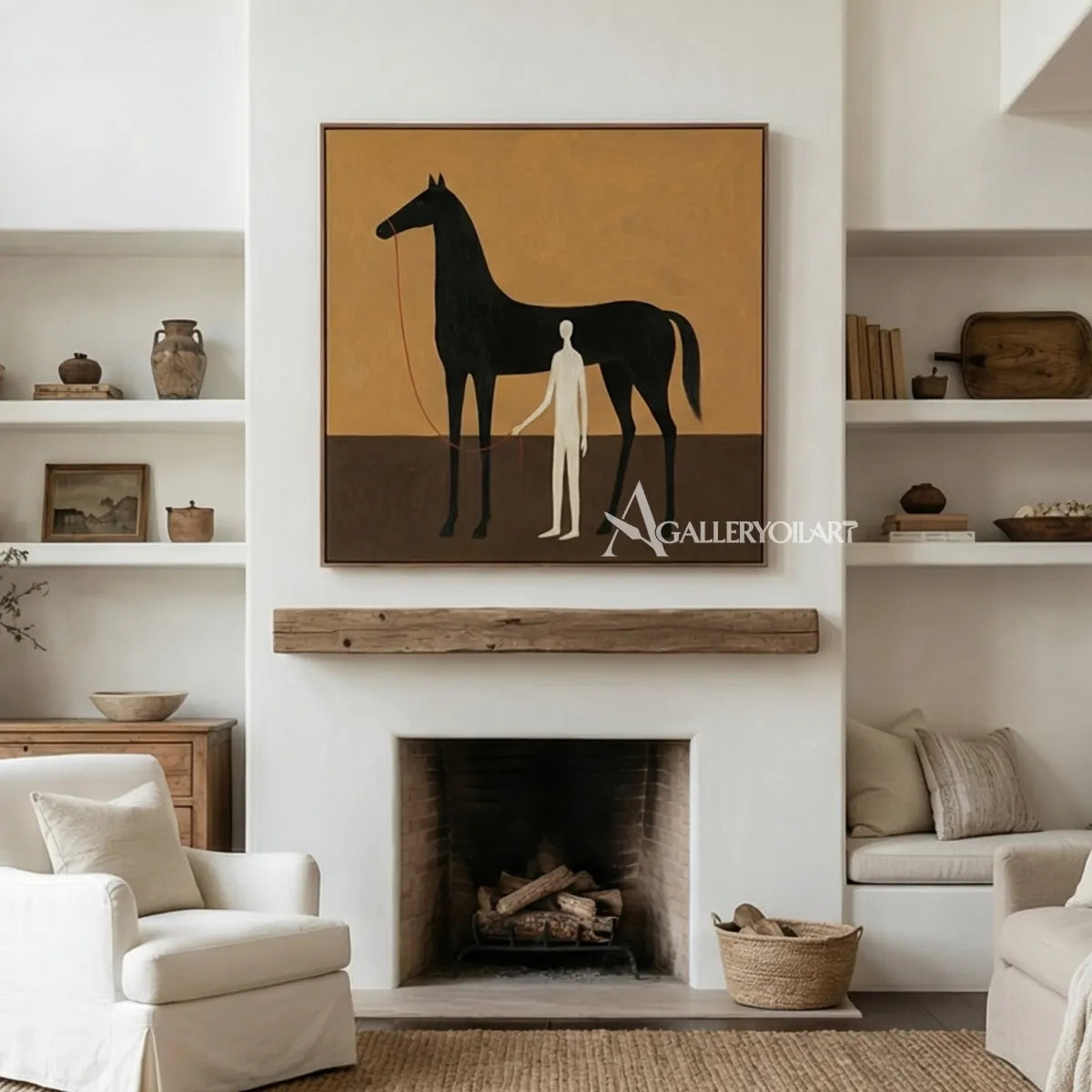 a-black-horse-stands-beside-a-slender-white-figure-against-a-warm-ochre-field above a sideboard