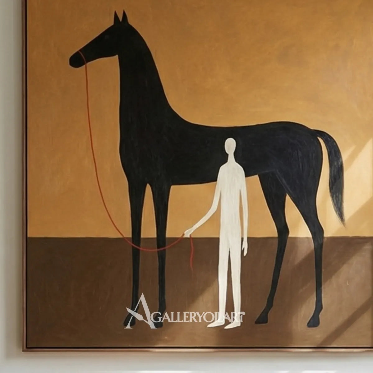a-black-horse-stands-beside-a-slender-white-figure-against-a-warm-ochre-field in a bright entryway
