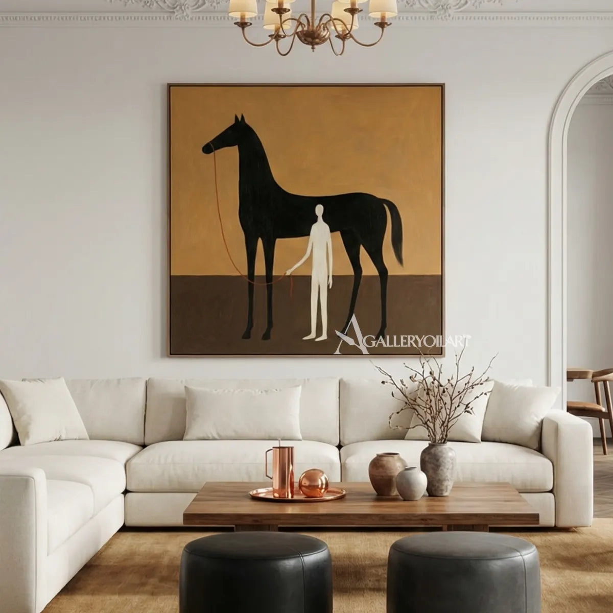 a-black-horse-stands-beside-a-slender-white-figure-against-a-warm-ochre-field in a reading nook