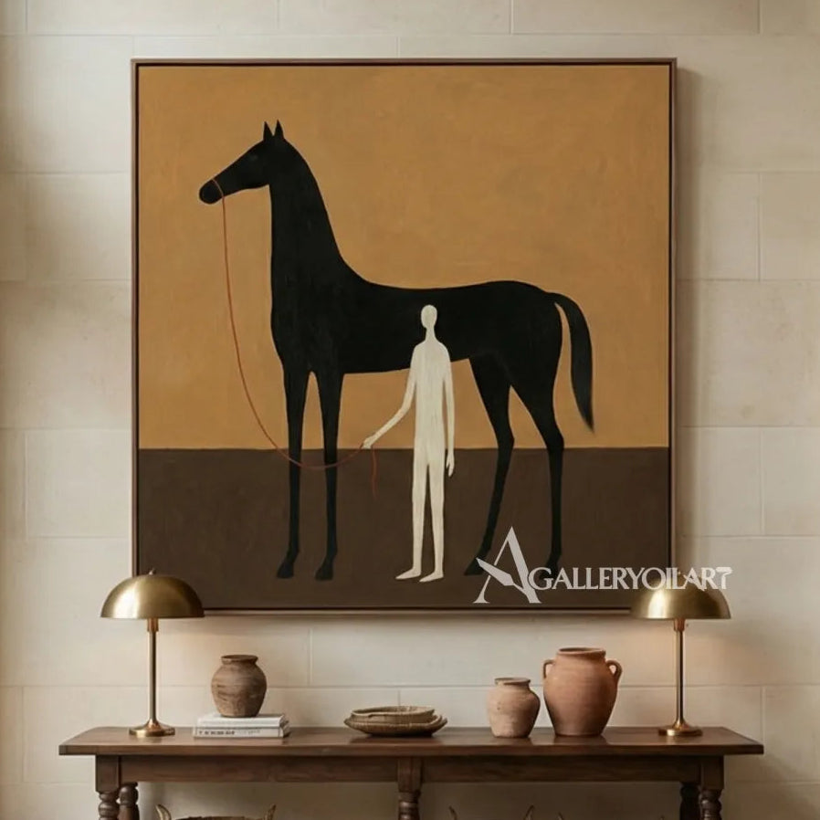 a-black-horse-stands-beside-a-slender-white-figure-against-a-warm-ochre-field in a warm sitting room