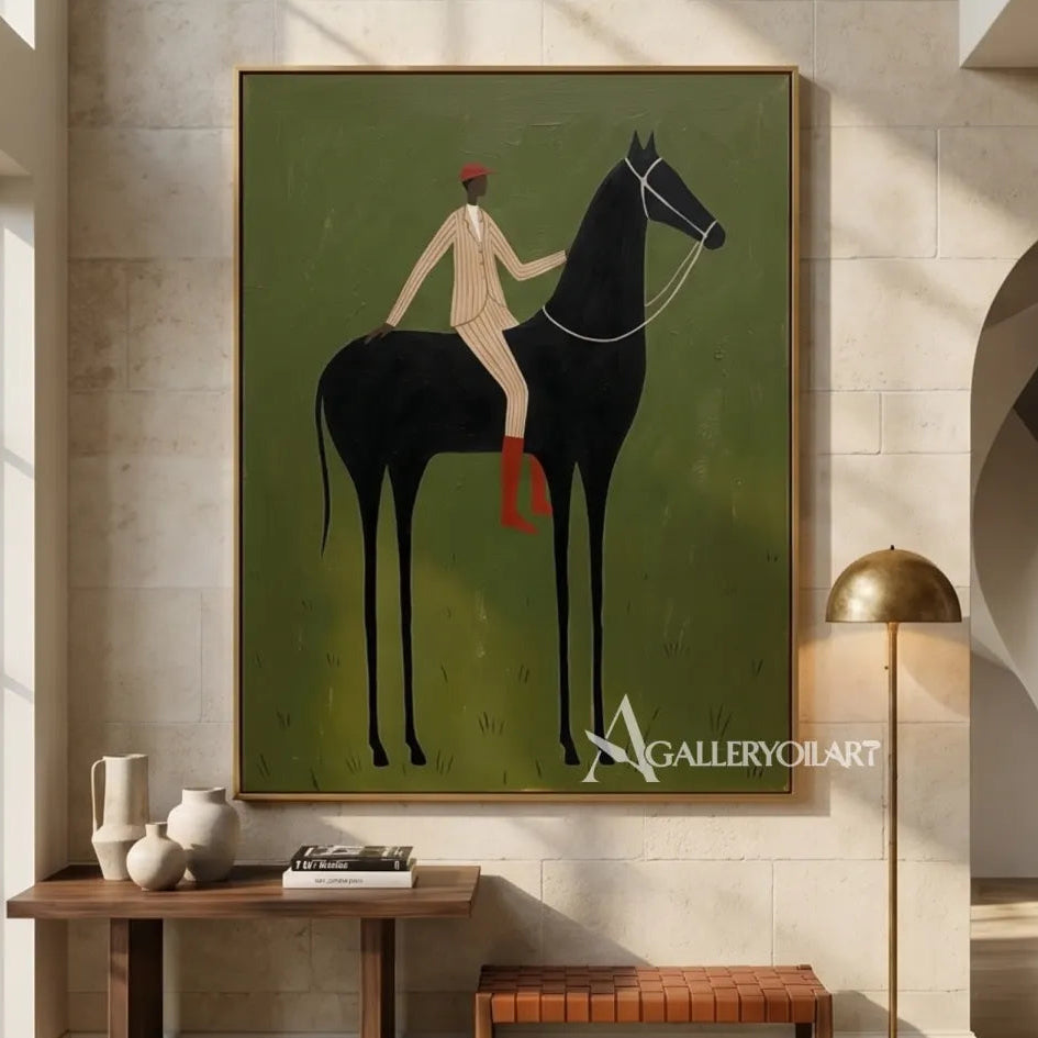 Twin-riders-and-dark-horses-arranged-against-an-olive-ground