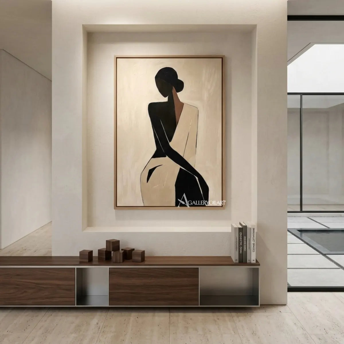 Black-silhouette-of-woman-in-flowing-dress-portrait-art-in-a-bright-arched-hallway