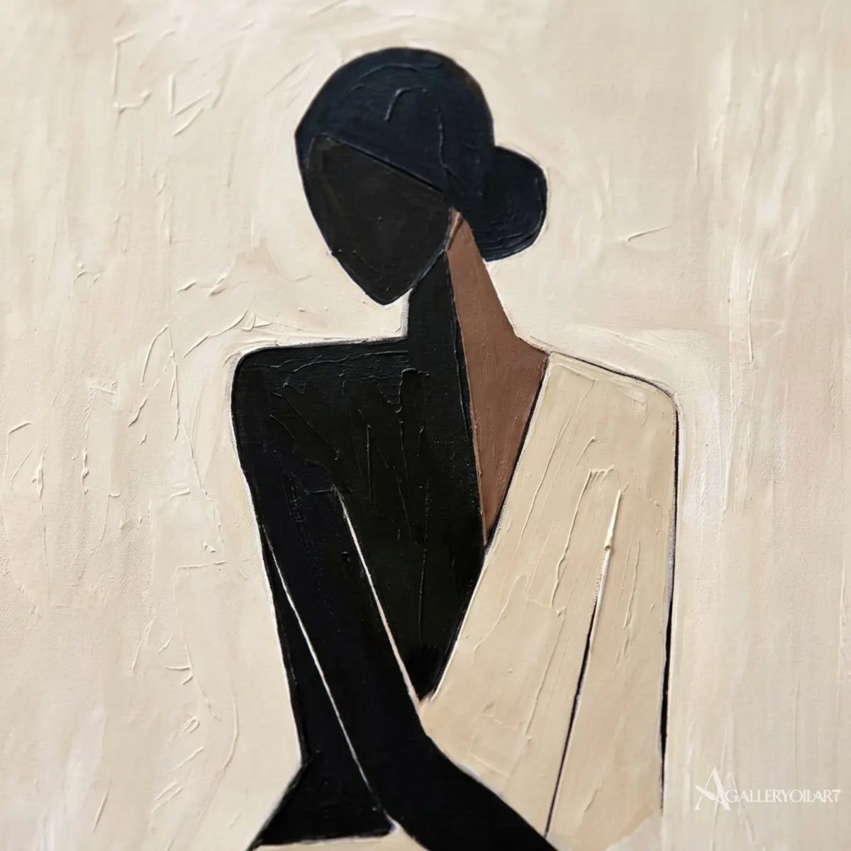 Close-up-of-black-silhouette-and-pale-brushstrokes-in-portrait-art-with-cream-and-taupe