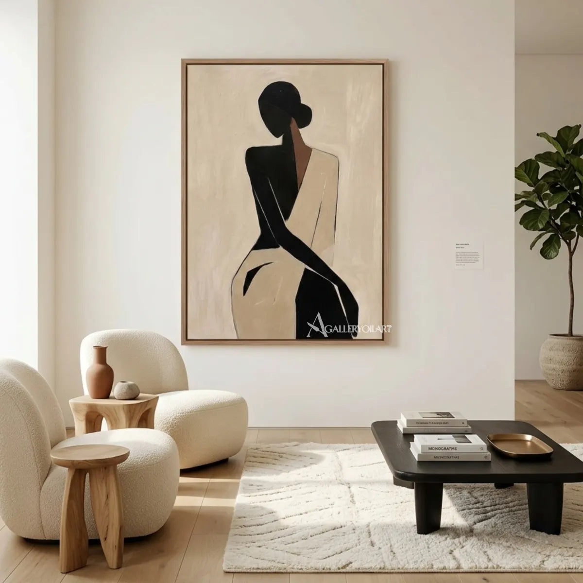 Black-silhouette-of-woman-in-flowing-dress-portrait-art-in-a-sunlit-lounge-with-cream-furnishings