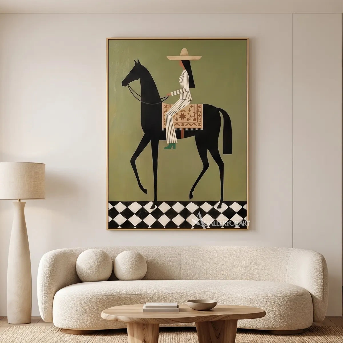 horse-and-blossom-crowned-rider-western-cowboy-art-green-and-pink-wall-art-in-a-bright-living-room
