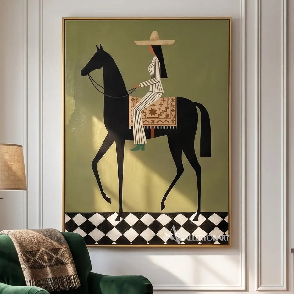 horse-and-blossom-crowned-rider-western-cowboy-art-olive-green-and-pink-painting-detail