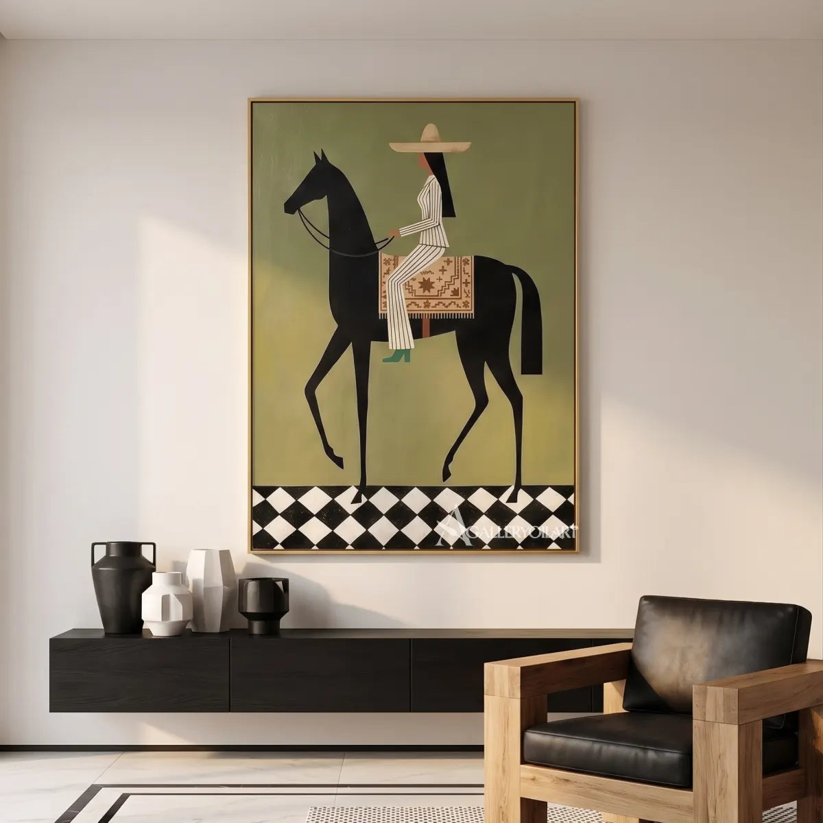 horse-and-blossom-crowned-rider-western-cowboy-art-green-and-pink-wall-art-above-a-console