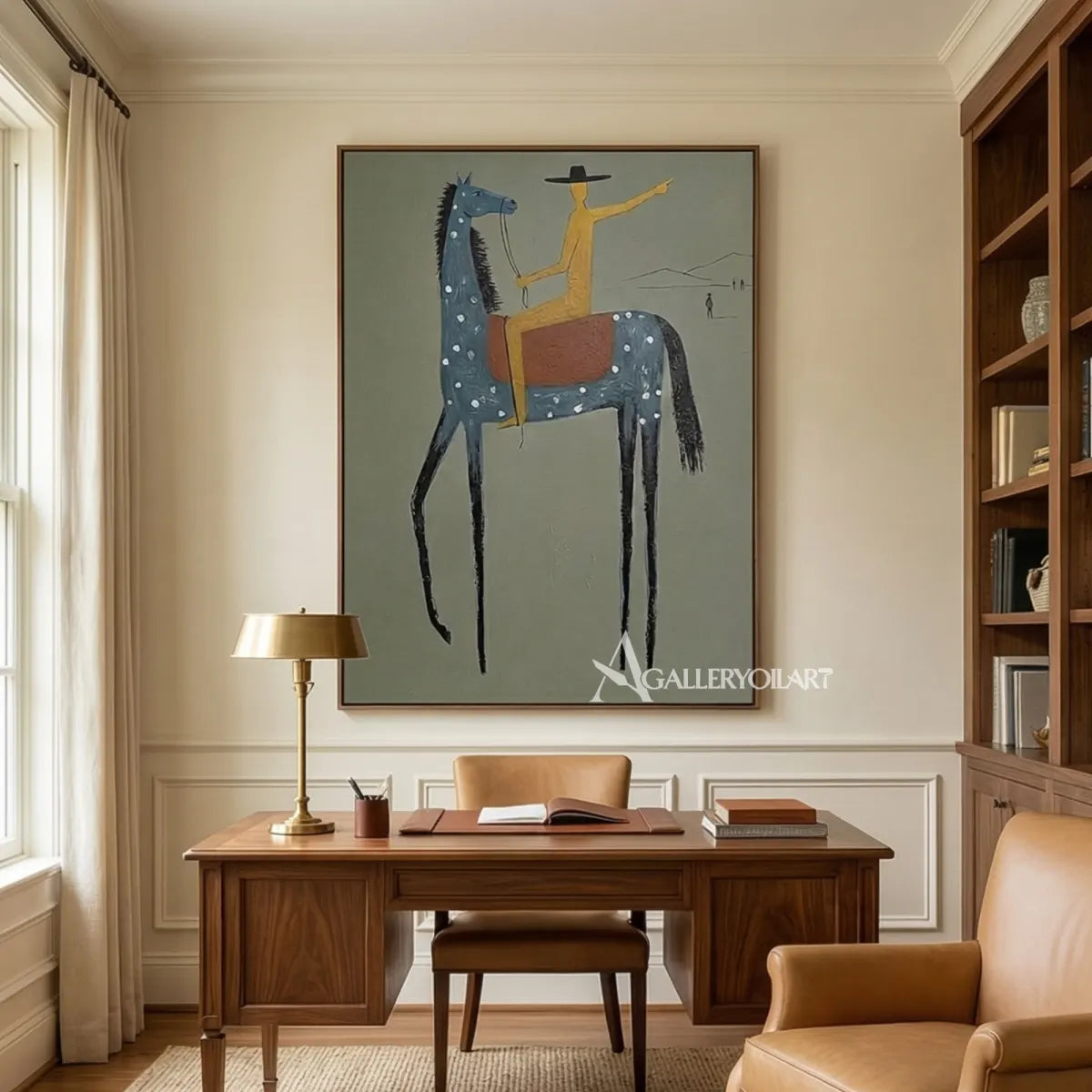 a-blue-spotted-horse-carries-a-golden-rider-against-a-muted-sage-ground above a living room sofa