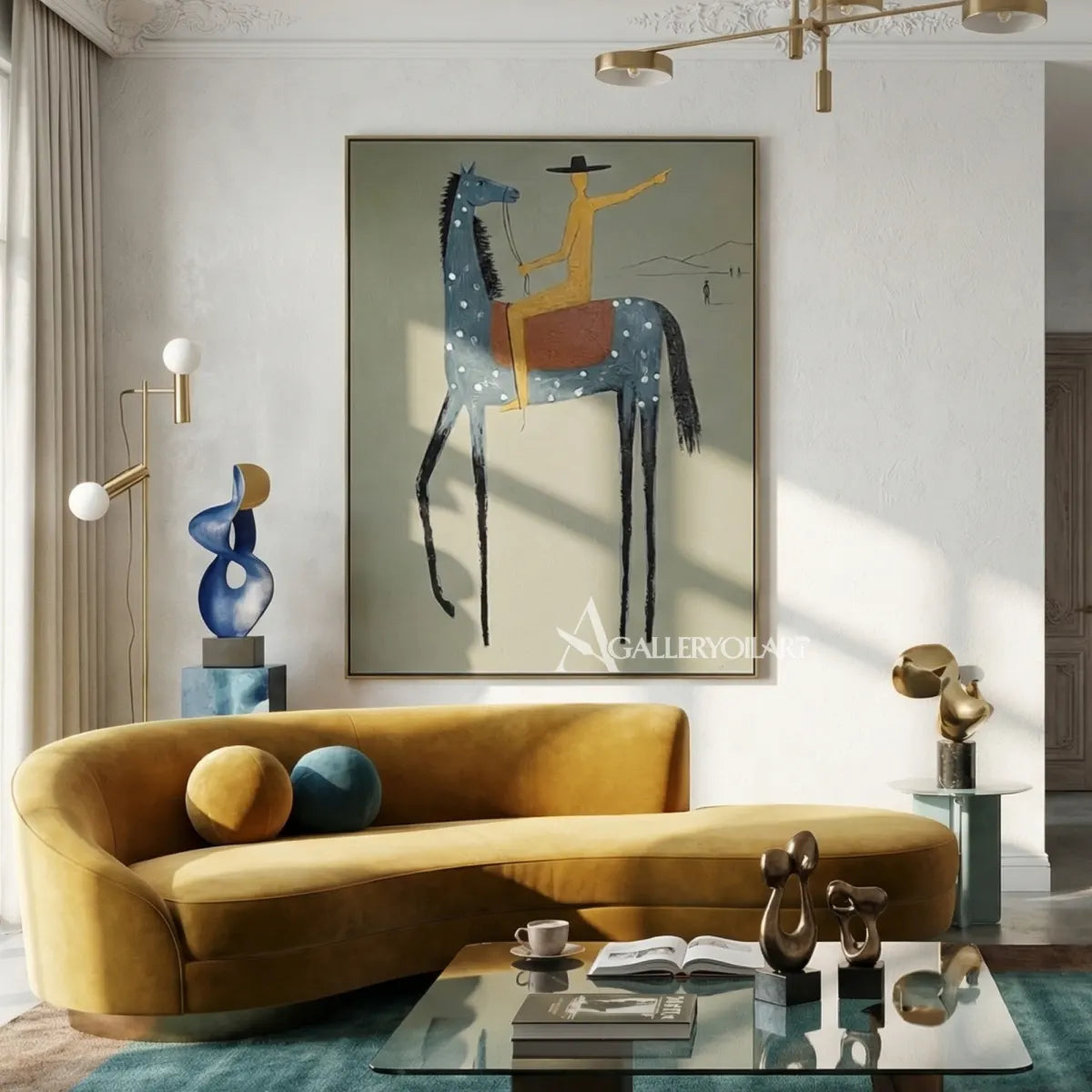 a-blue-spotted-horse-carries-a-golden-rider-against-a-muted-sage-ground above a sideboard