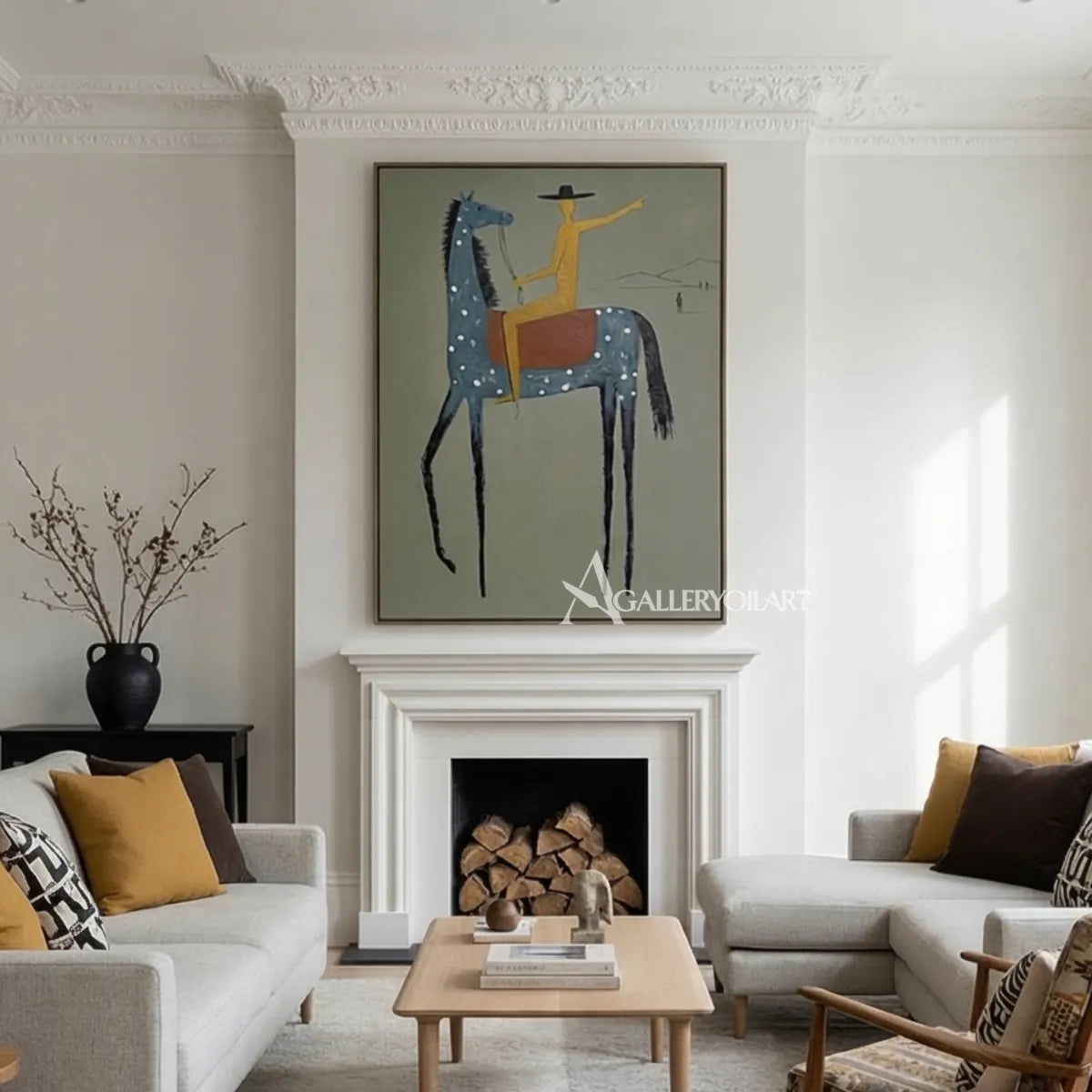 a-blue-spotted-horse-carries-a-golden-rider-against-a-muted-sage-ground in a calm lounge