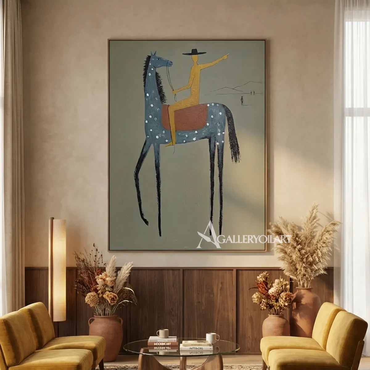 a-blue-spotted-horse-carries-a-golden-rider-against-a-muted-sage-ground in a warm sitting room