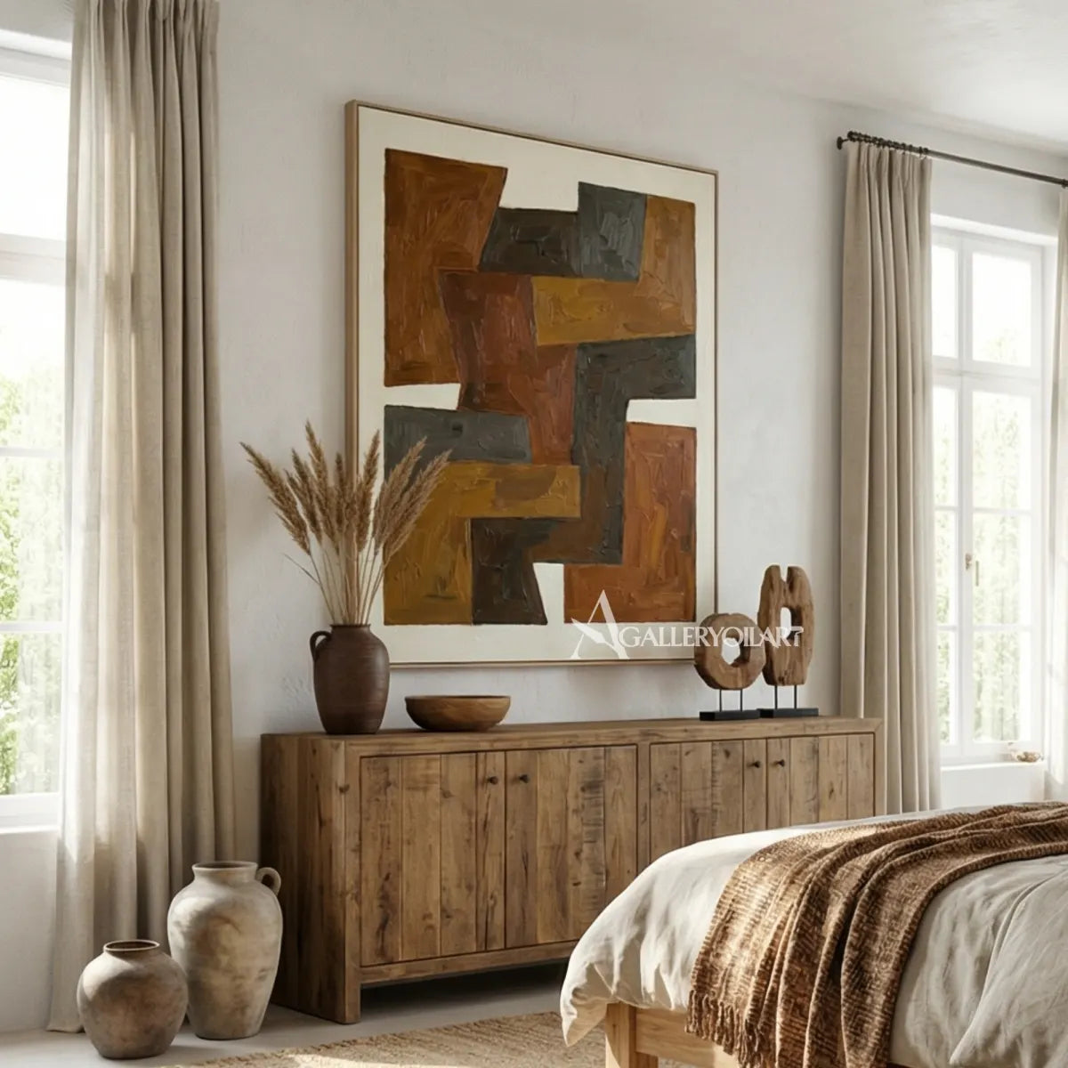 abstract-art-interlocking-brown-and-ochre-forms-above-a-bedroom-console
