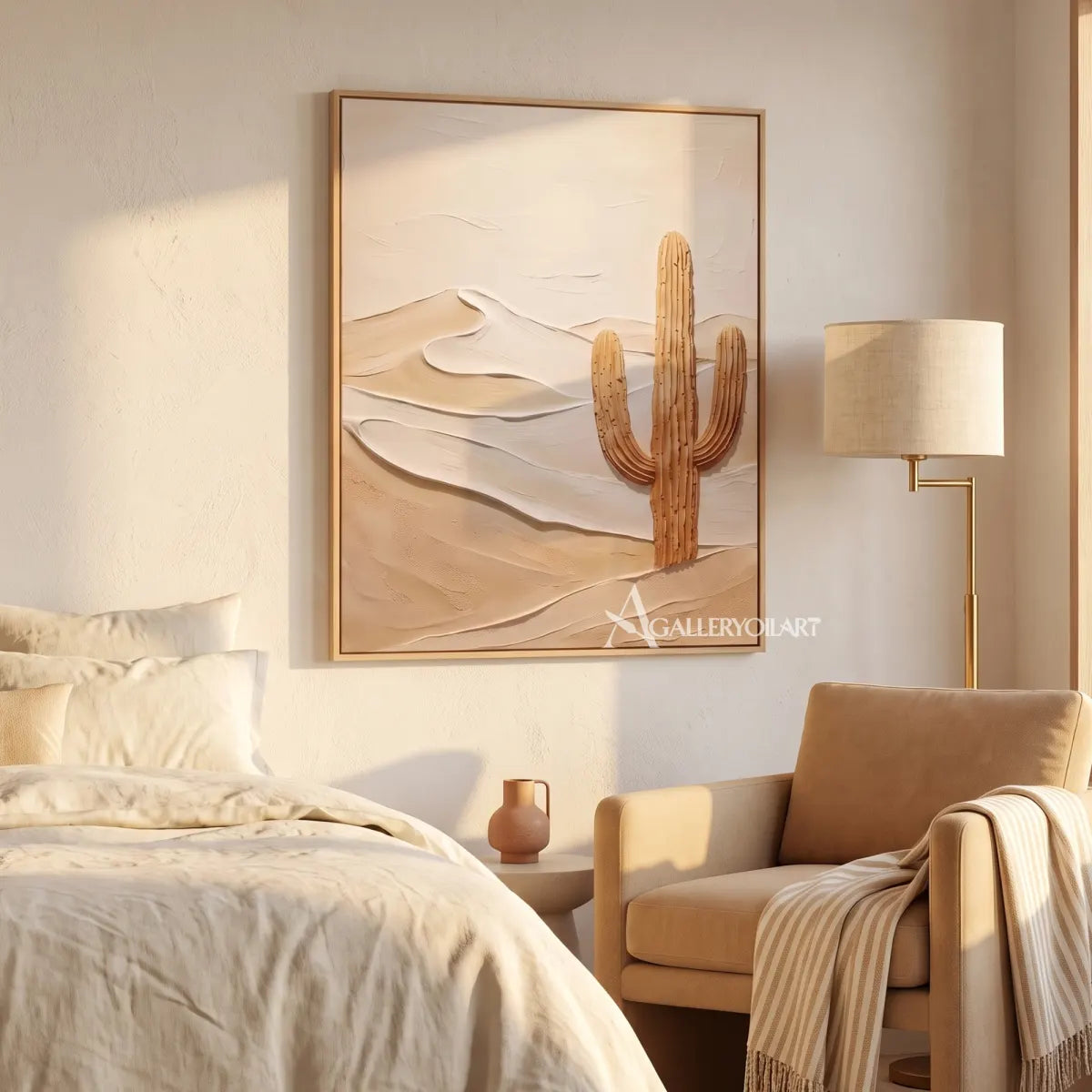 Landscape desert cactus in beige dunes in a bedroom reading nook