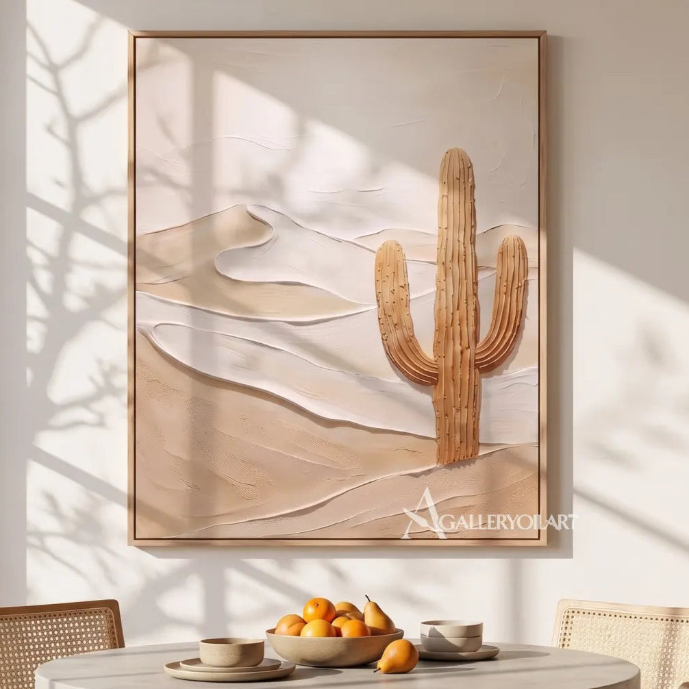 Landscape desert cactus in beige dunes in a dining room