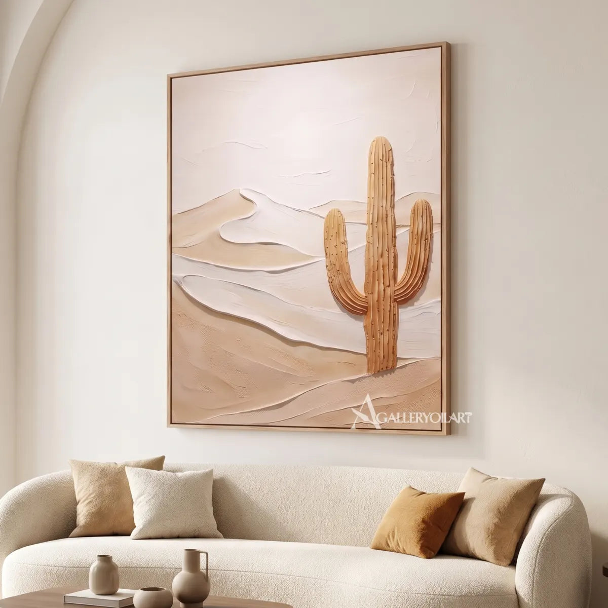 Landscape desert cactus in beige dunes in a minimalist living room