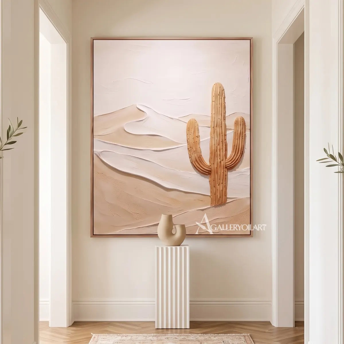 Landscape desert cactus in beige dunes in a modern hallway