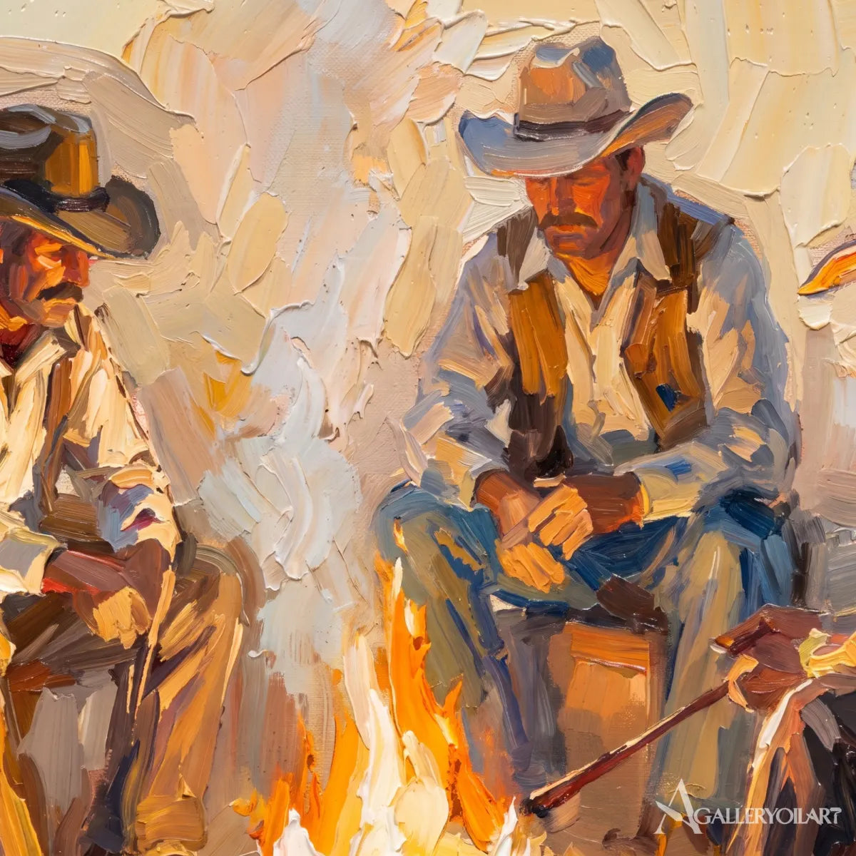 three cowboys gathered around a bright campfire-in-western-cowboy-brown-detail