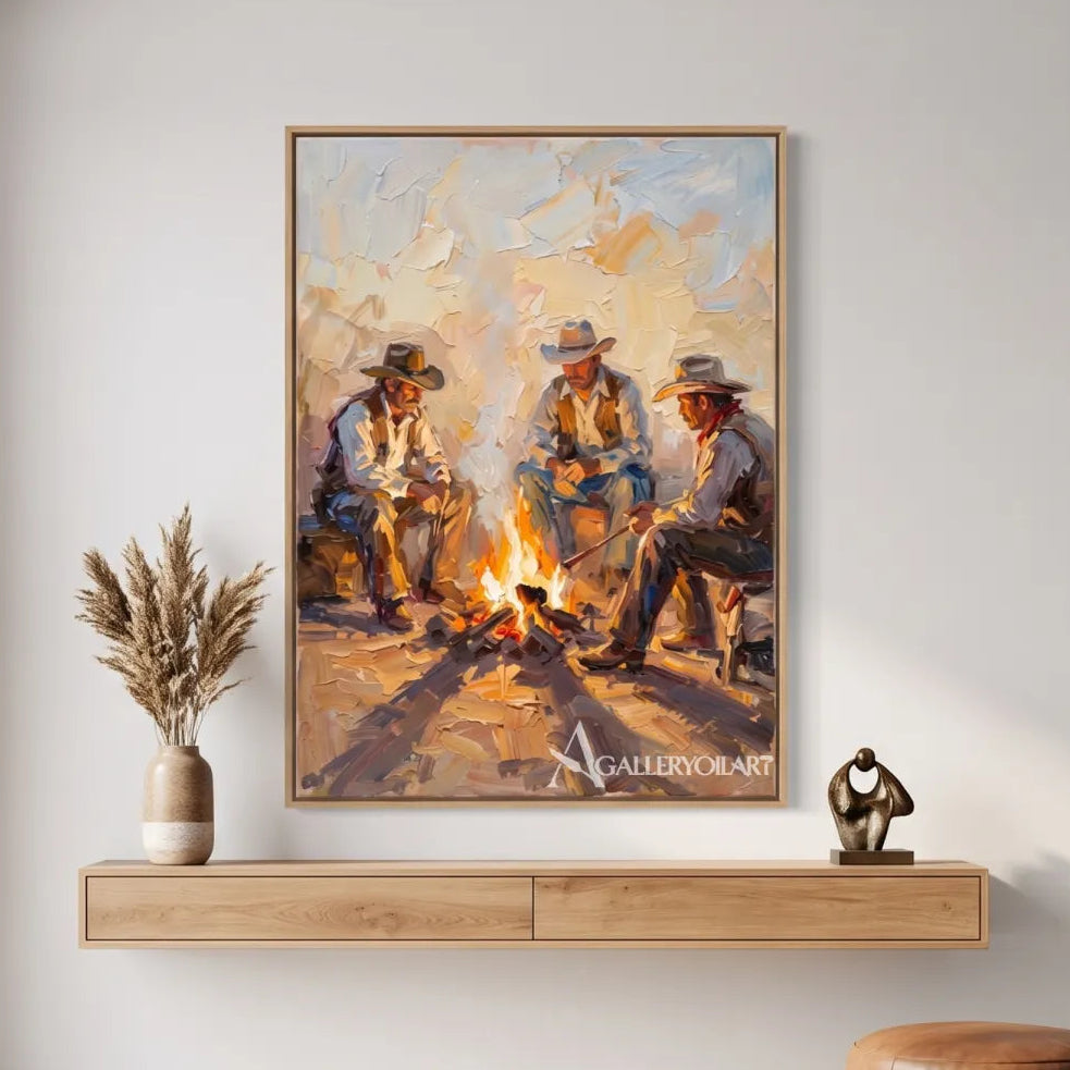 three cowboys gathered around a bright campfire-in-western-cowboy-brown-great-room