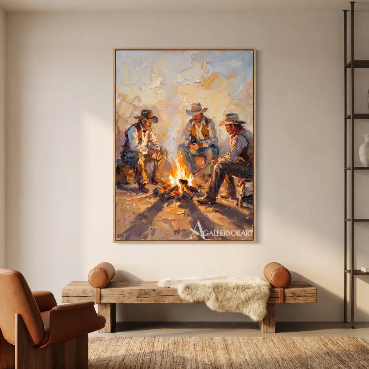 three cowboys gathered around a bright campfire-in-western-cowboy-brown-living-room
