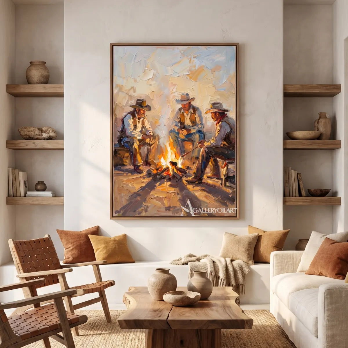 three cowboys gathered around a bright campfire-in-western-cowboy-brown-shelved-lounge