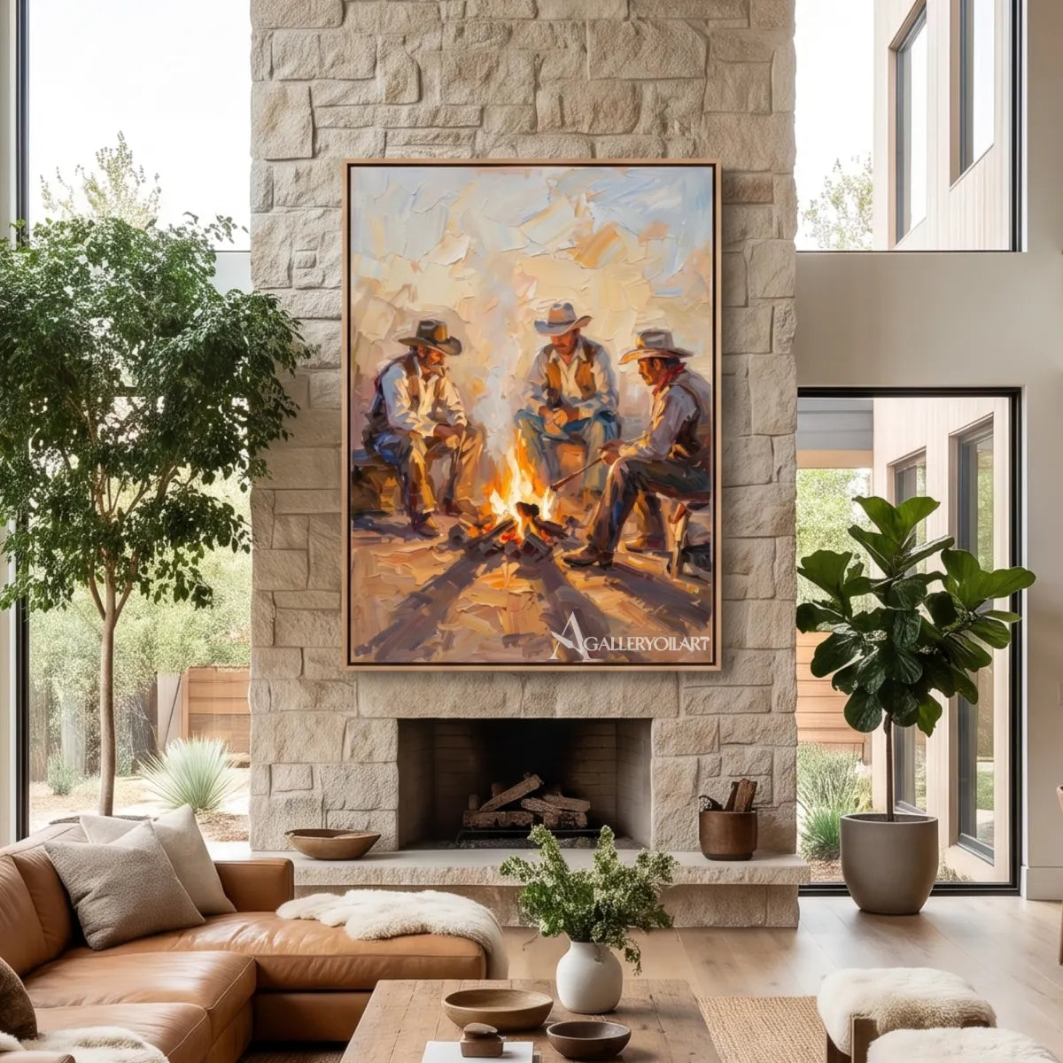 three cowboys gathered around a bright campfire-in-western-cowboy-brown-stone-fireplace
