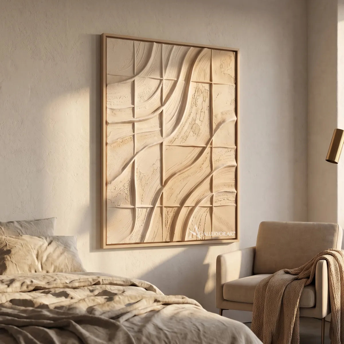 Textured-3D-carved-grid-rhythm-in-beige-relief-in-a-bedroom-reading-nook