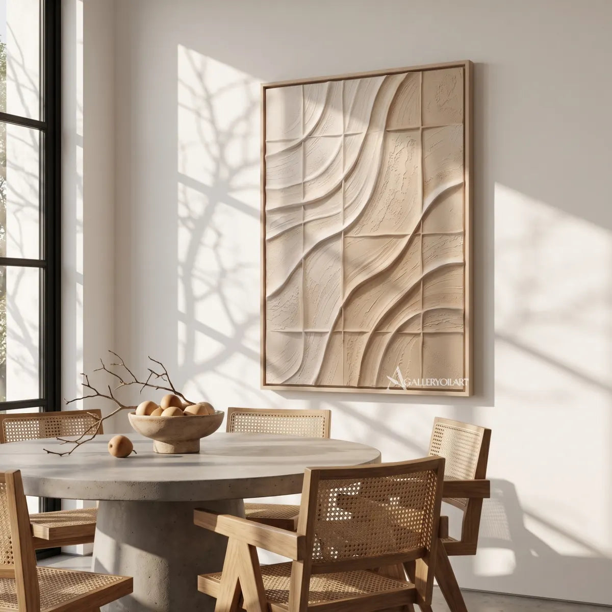 Textured-3D-carved-grid-rhythm-in-beige-relief-in-a-dining-space