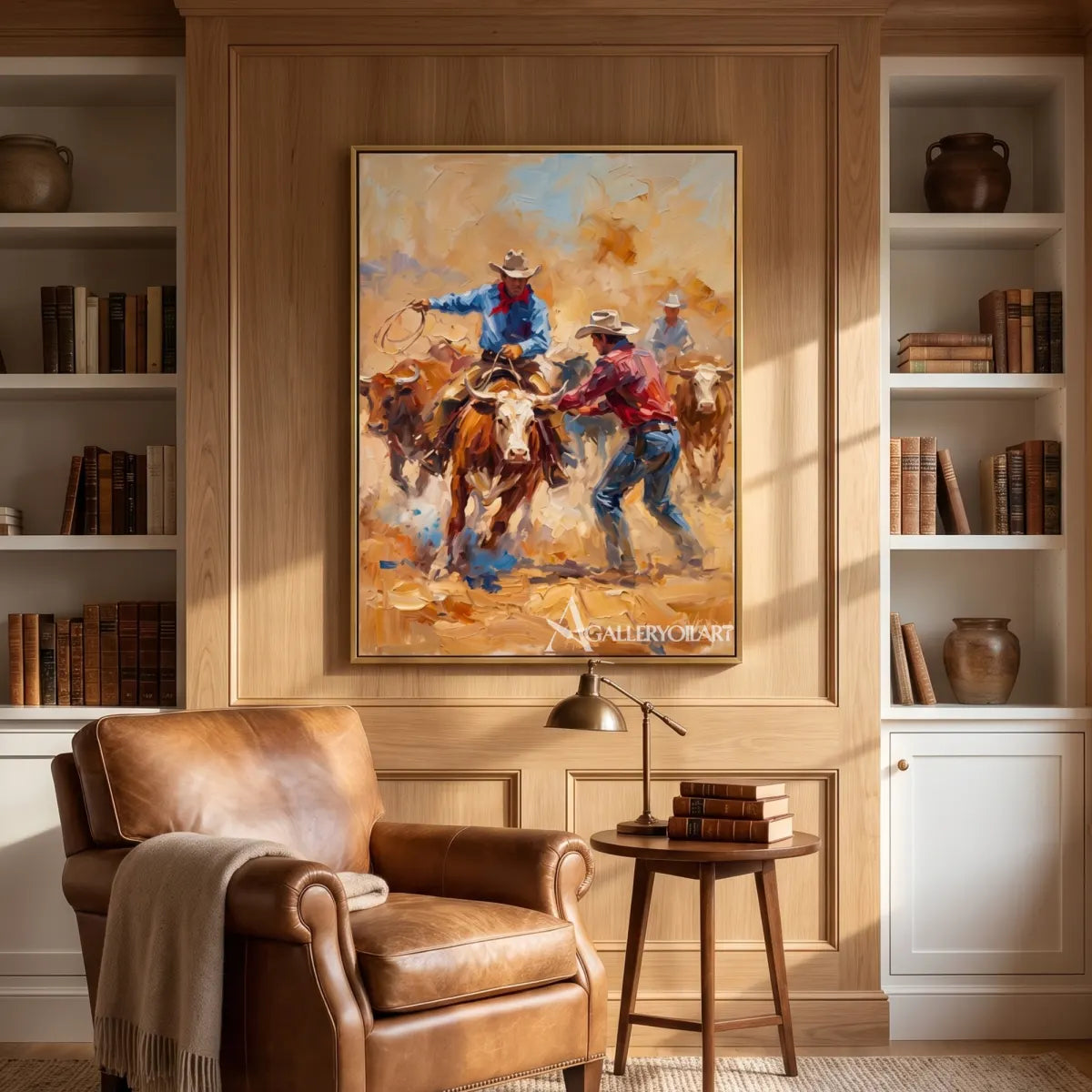 riders driving cattle across an open range-in-western-cowboy-orange-library-wall