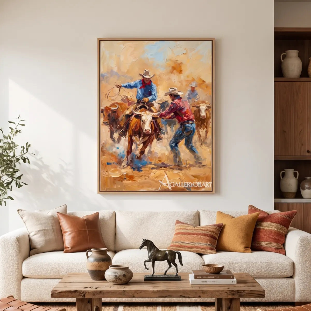 riders driving cattle across an open range-in-western-cowboy-orange-sofa-room