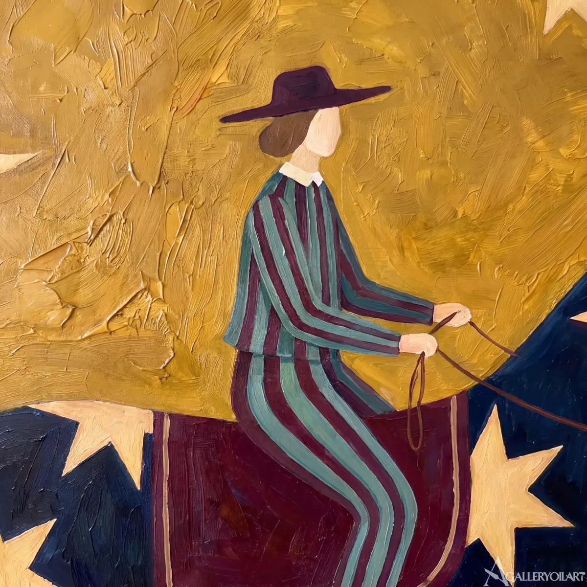 star-marked-horse-and-rider-in-motion-western-cowboy-art-Gold-wall-art-in-close-up-detail