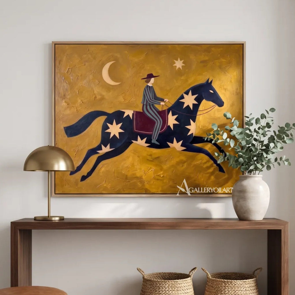star-marked-horse-and-rider-in-motion-western-cowboy-art-Gold-wall-art-in-modern-entryway