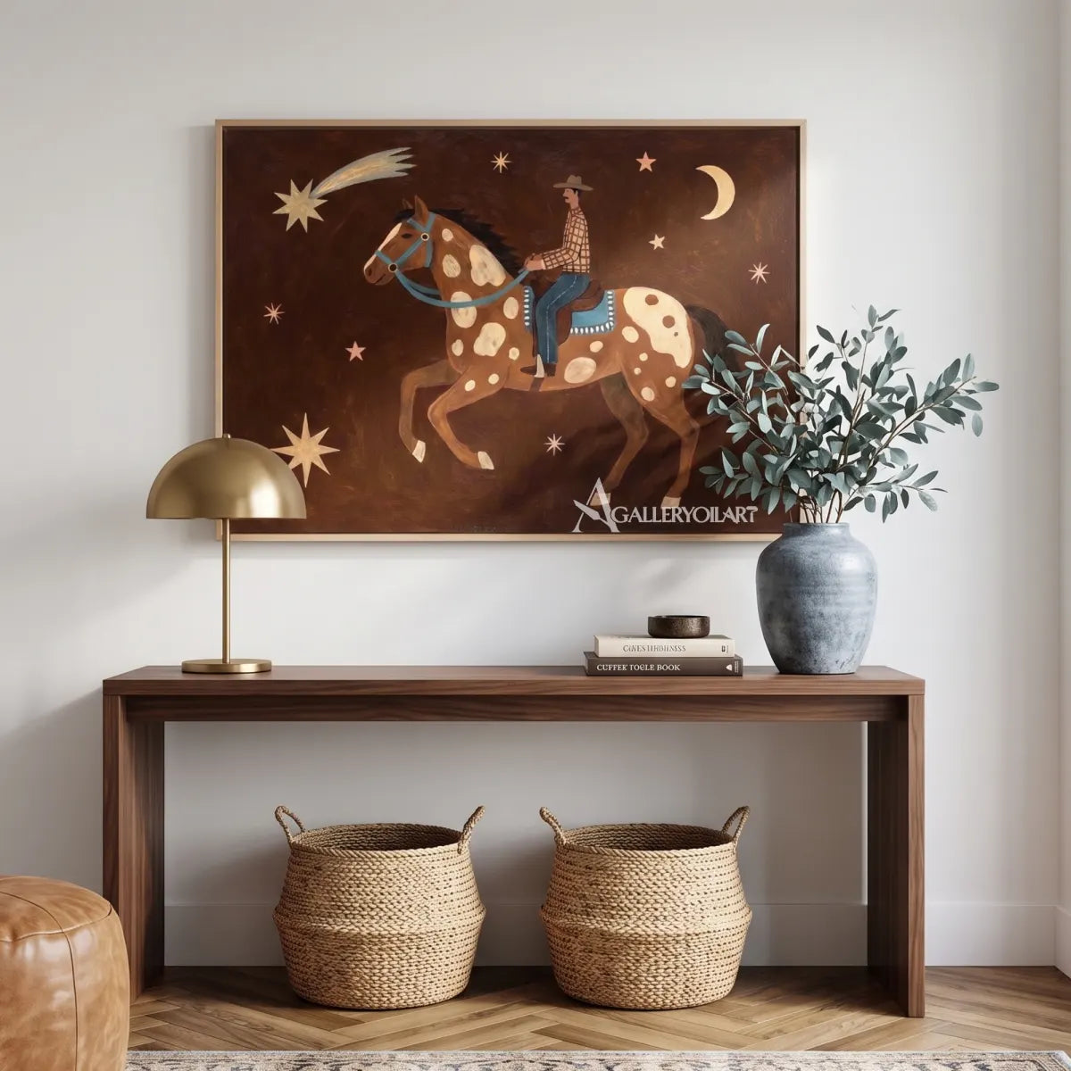 Western-cowboy-art-of-a-starry-horse-and-rider-against-a-dark-brown-ground-above-an-entry-console