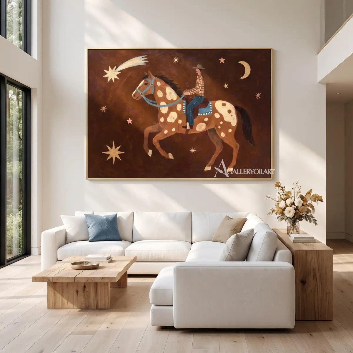 Western-cowboy-art-of-a-horse-and-rider-under-a-crescent-moon-against-a-dark-brown-sky-above-a-white-sofa-in-a-living-room