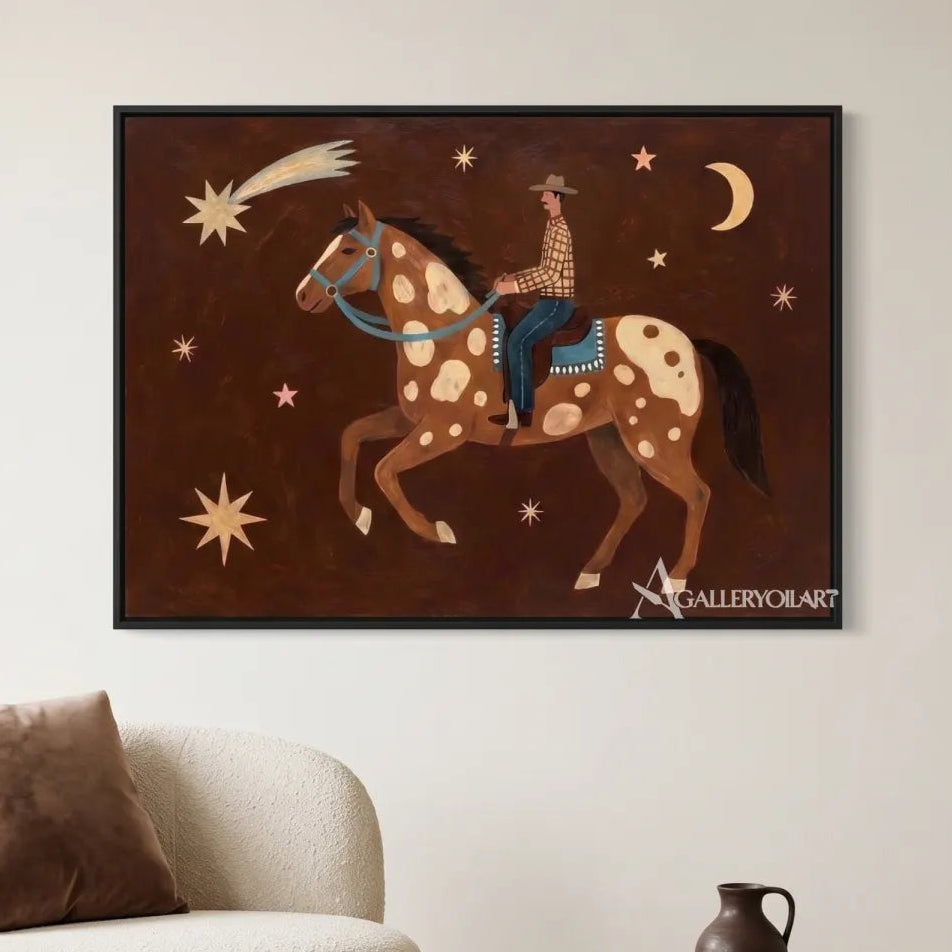 Western-cowboy-art-of-a-celestial-horse-and-rider-against-a-dark-brown-sky-in-a-minimalist-lounge
