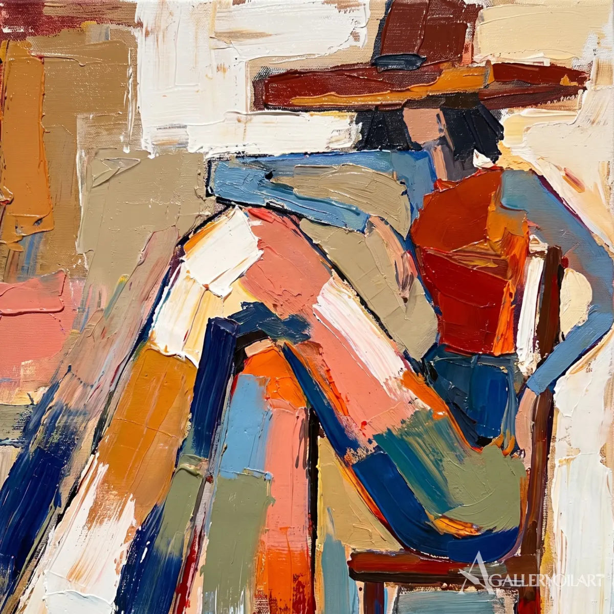 stylized hat-wearing figures in geometric blocks-in-pop-art-orange-detail