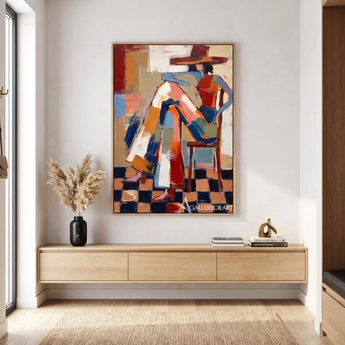 stylized hat-wearing figures in geometric blocks-in-pop-art-orange-entryway